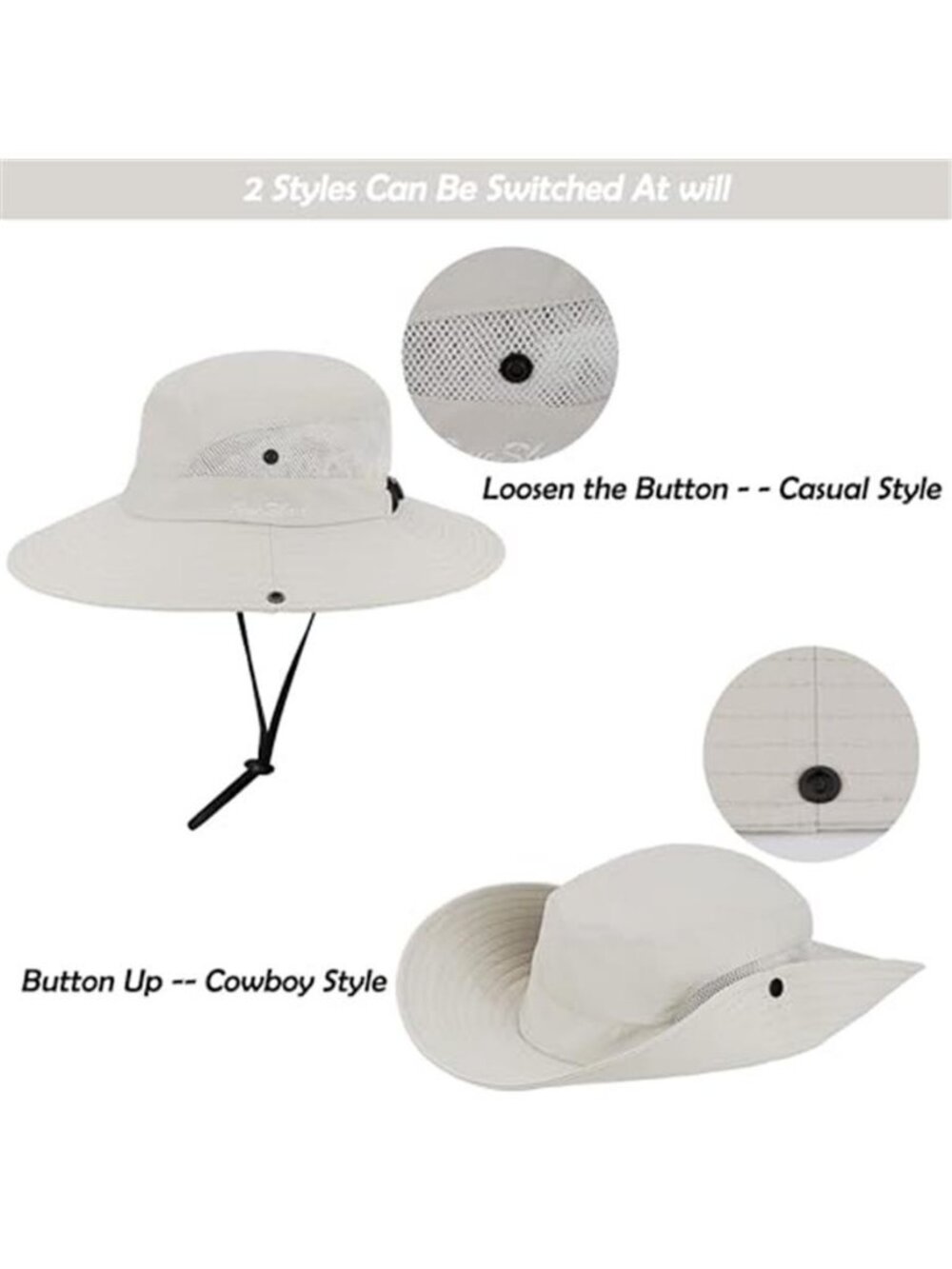 Beige Wide Brim Sun Hat Women UV Protection Ponytail Beach Fishing Hat - Picture 4 of 7